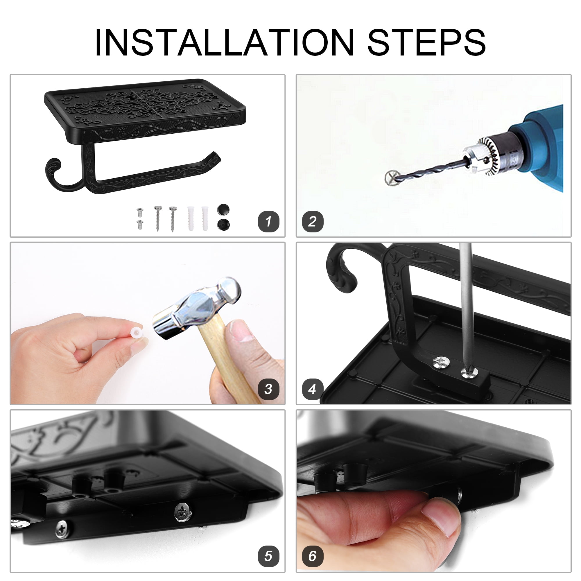 Unique Bargains Toilet Paper Holder with Phone Shelf Aluminum Alloy Roll Holder Black