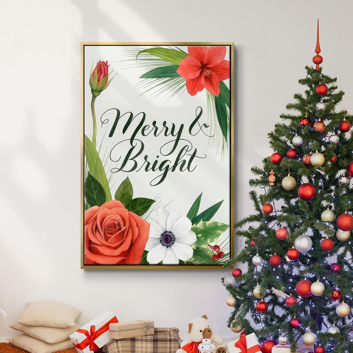 Christmas Flora Wreath Collection B - Framed Gallery Wrapped Holiday Canvas - 25 x 37 - Gold Frame