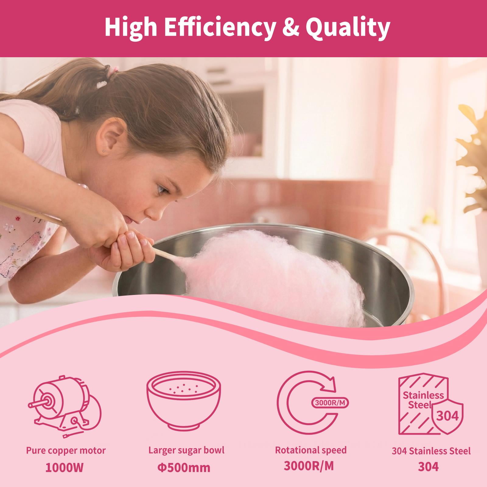 Commercial Cotton Candy Machine, 1000W Electric Candy Floss Maker with 15" Stainless Steel Bowl Sugar Scoop, 149℉-473℉ Adjustable Temperature for Home, Carnival, Kids Birthday, Family Party, Pink