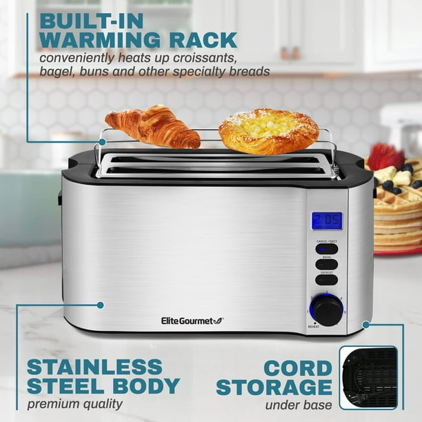 Elite Gourmet ECT4400B# Long Slot 4 Slice Toaster, Countdown Timer, Bagel  Function, 6 Toast Setting, Defrost, Cancel Function, Built-in Warming Rack, 