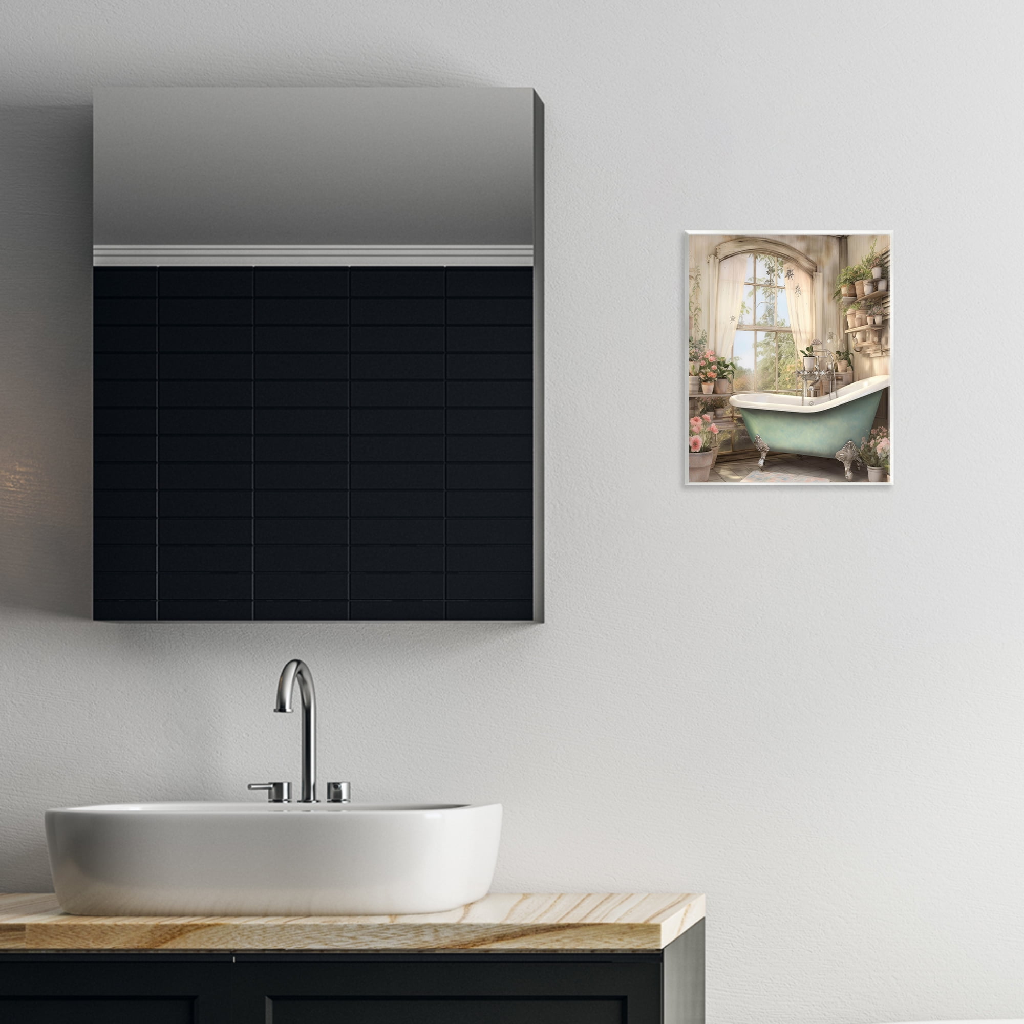 Bathroom with Floral Filled Shelves Wall Plaque Art, design by Lettered and Lined