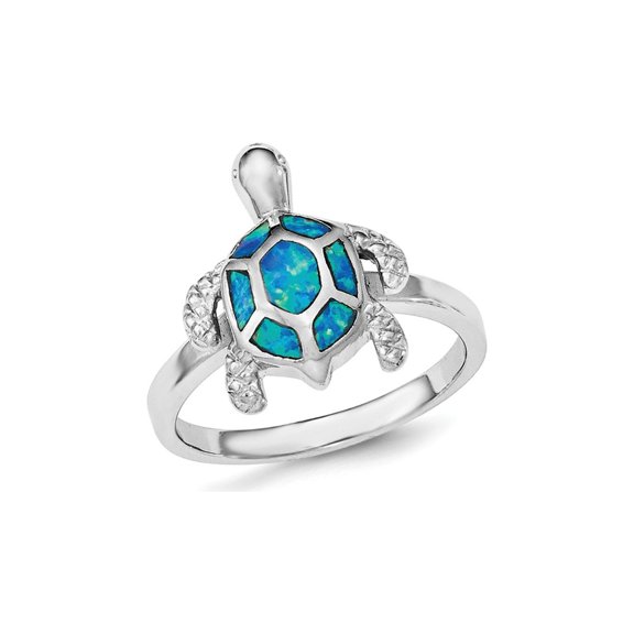 Gem & Harmony Synthetic Blue Opal Turtle Ring in Sterling Silver with Rhodium for Women