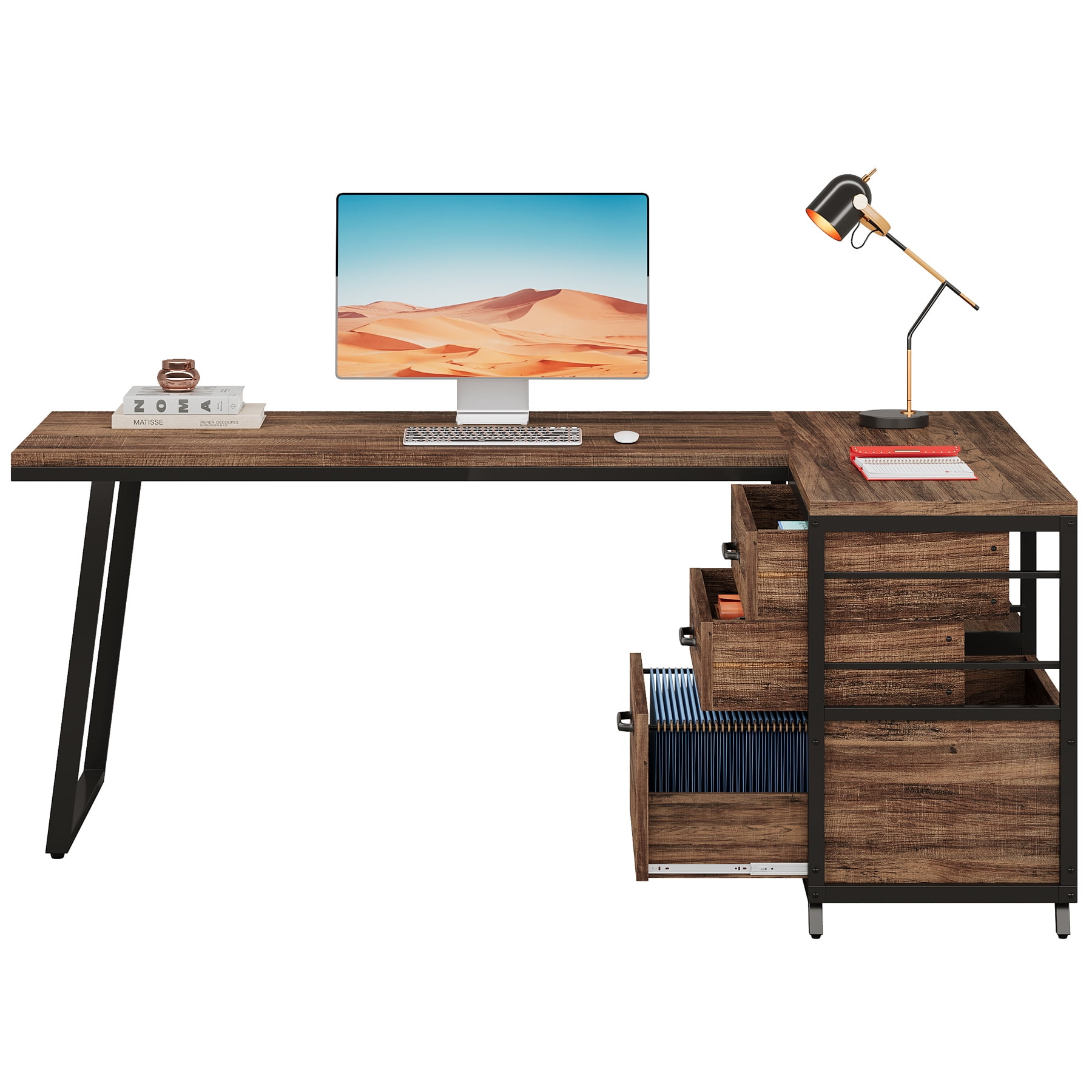 Fnova 53.15" L-shaped Computer Desk with 3 Drawers, Wood Tabletop, Metal Frame Office Desk, Brown