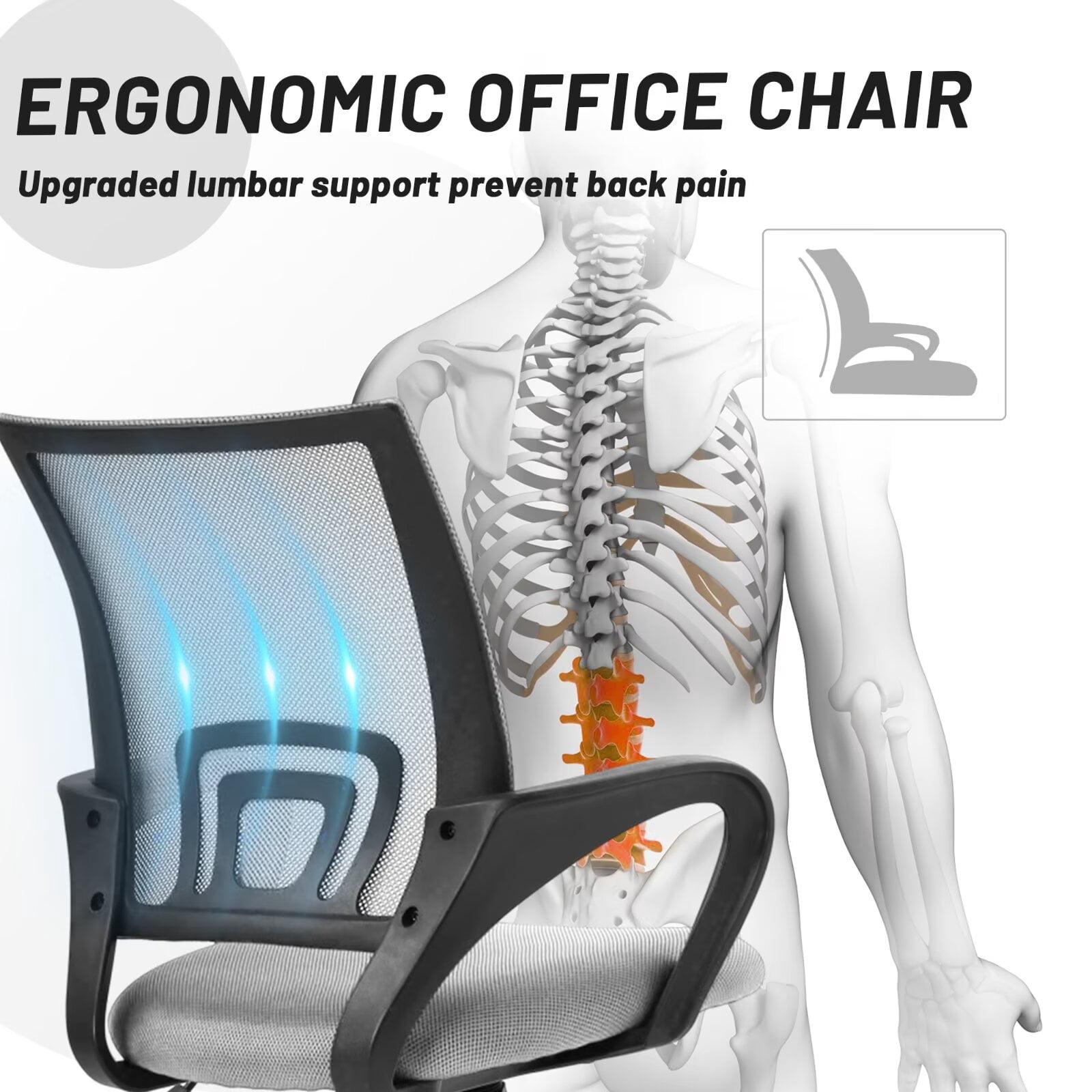 CL.HPAHKL Mesh Office Chair with Wheels, Adjustable Ergonomic Computer Desk Chair with Lumbar Support & Armrest, Comfortable Swivel Rolling Chair for Home Office Work Study, Grey