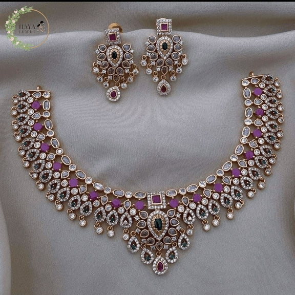 HayaJewel South Indian Choker Pink Green and White Necklace 22K Gold Plated