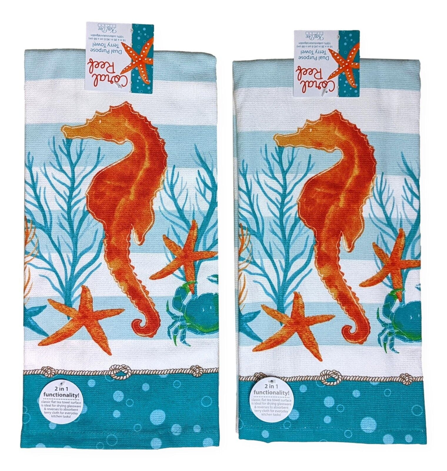 Hand Towels, Seahorse Pattern Blue Kitchen Dish Towel Set, Cotton