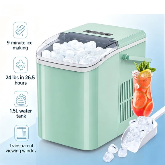 Ice Maker,Portable Countertop Ice Machine 1.5L/24h 6 Bullet Ice in 9 Min, Self-Cleaning with Basket & Scoop for Home, Office, RV, Camping(Green)