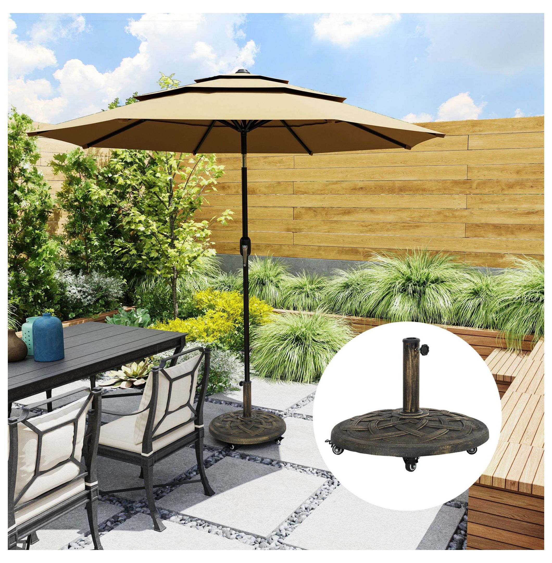 Patio Umbrella Base with Wheels, 44lbs Resin Stand - Heavy Duty Outdoor Umbrella Holder for 1.3-1.9" Poles - Bronze