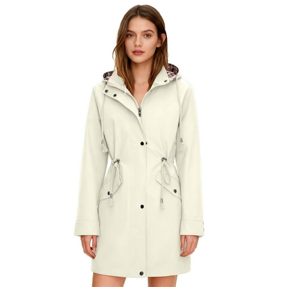 Women's Mid-Length Trench Jacket, 2025 New Style Outdoor Windproof Coat with Attached Hood, Lightweight Water-Resistant Windbreaker for Fall Winter, Casual Long Sleeve Jacket with Front Pockets A L