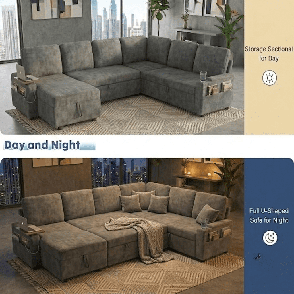 EPOWP 108" Sectional Sleeper Sofa, 7-Seater L-Shaped Modular Couch with Pull-Out Sofa Bed, Adjustable Backrest, Side Table & Charging Ports, Chenille Sectional Sofa for Living Room, Grey