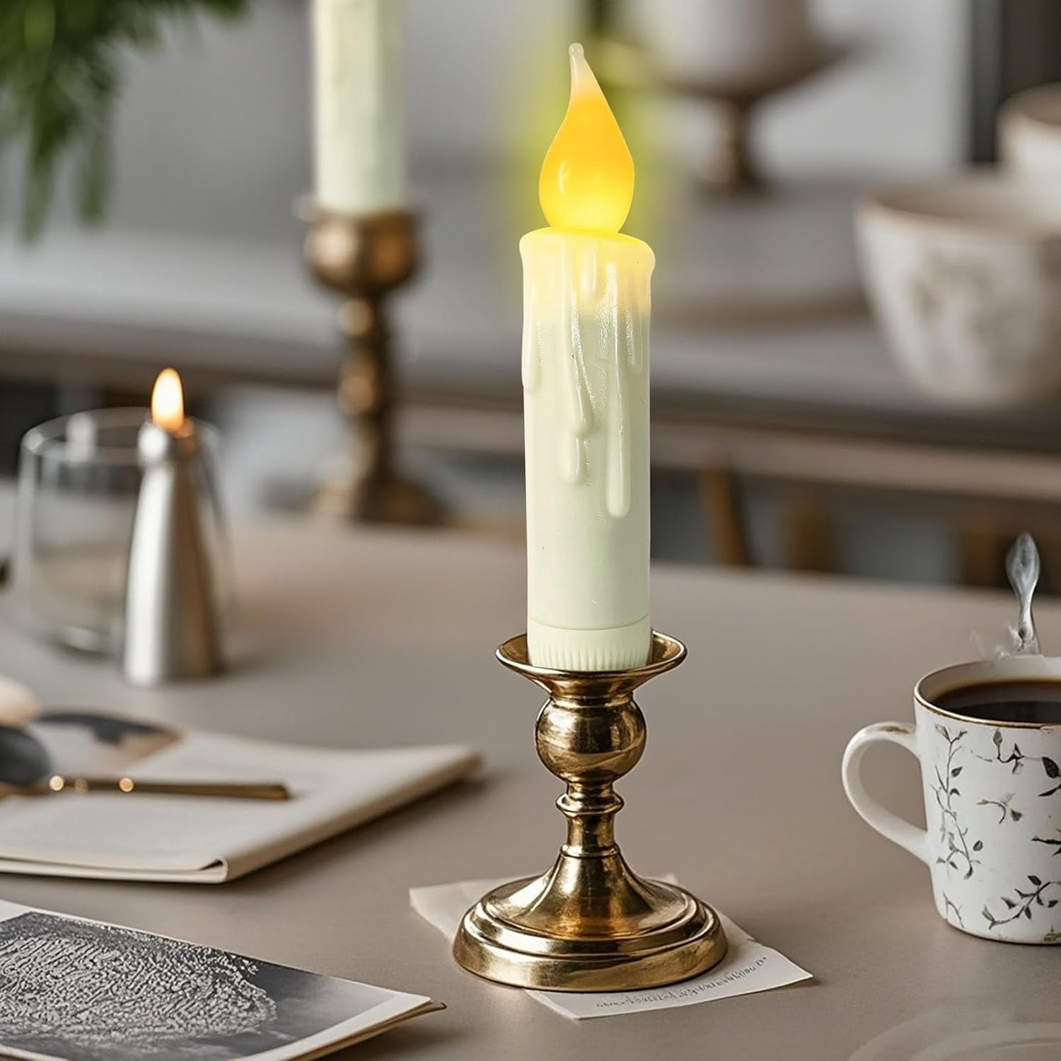 Real Wax Short Flameless Taper Candles with 12 self-adhesive hooks,LED Taper Candles Flickering Flameless Candlesticks Country Primitive Christmas Halloween Decorations,Set of 12 PCS