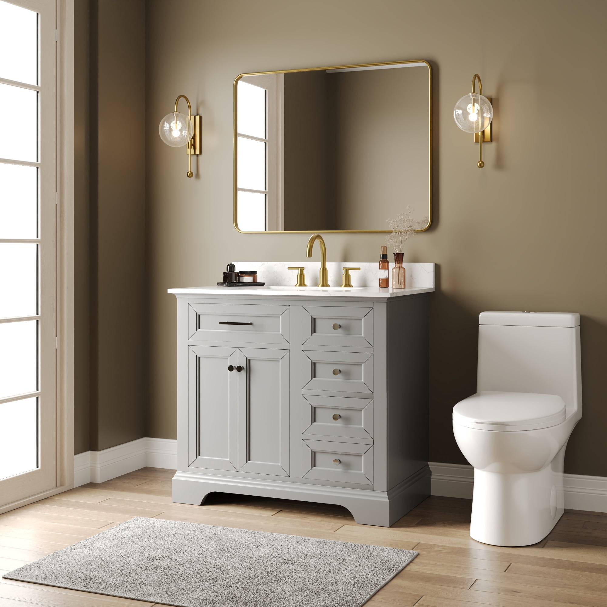 36 in. Single Sink Freestanding Light Gray Wood Bath Vanity with White Engineered Marble Top (Assembled)