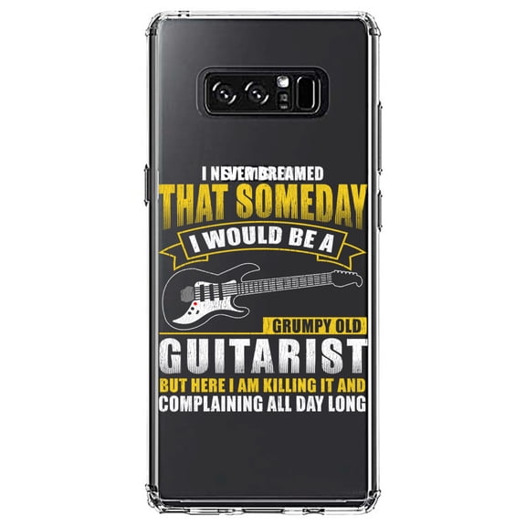 DistinctInk Clear Shockproof Hybrid Case for Samsung Galaxy Note 8 - TPU Bumper Acrylic Back Tempered Glass Screen Protector - Never Dreamed I'd Be Grumpy Old Guitarist