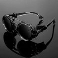 thumbnail image 2 of KEITHION, Gafas de sol redondas estilo Steampunk retro premium, con lentes de cuero sintético y doble puente, para hombres y mujeres, ideales para fiestas al aire libre, vacaciones, viajes y conducir., 2 of 5