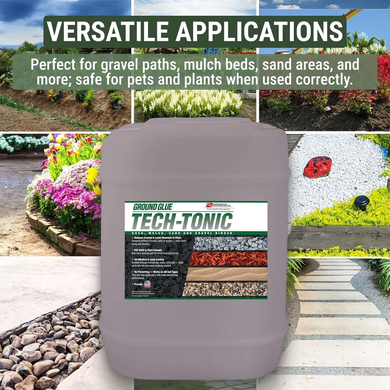 Ground Glue Tech-Tonic Landscape Adhesive for Rock, Mulch, and Sand, Weatherproof Long-Lasting Stabilizer for Trails & Slopes, Pet-Safe Binder for Pea Gravel, Bark & Flower Beds, 5 Gallon Tote