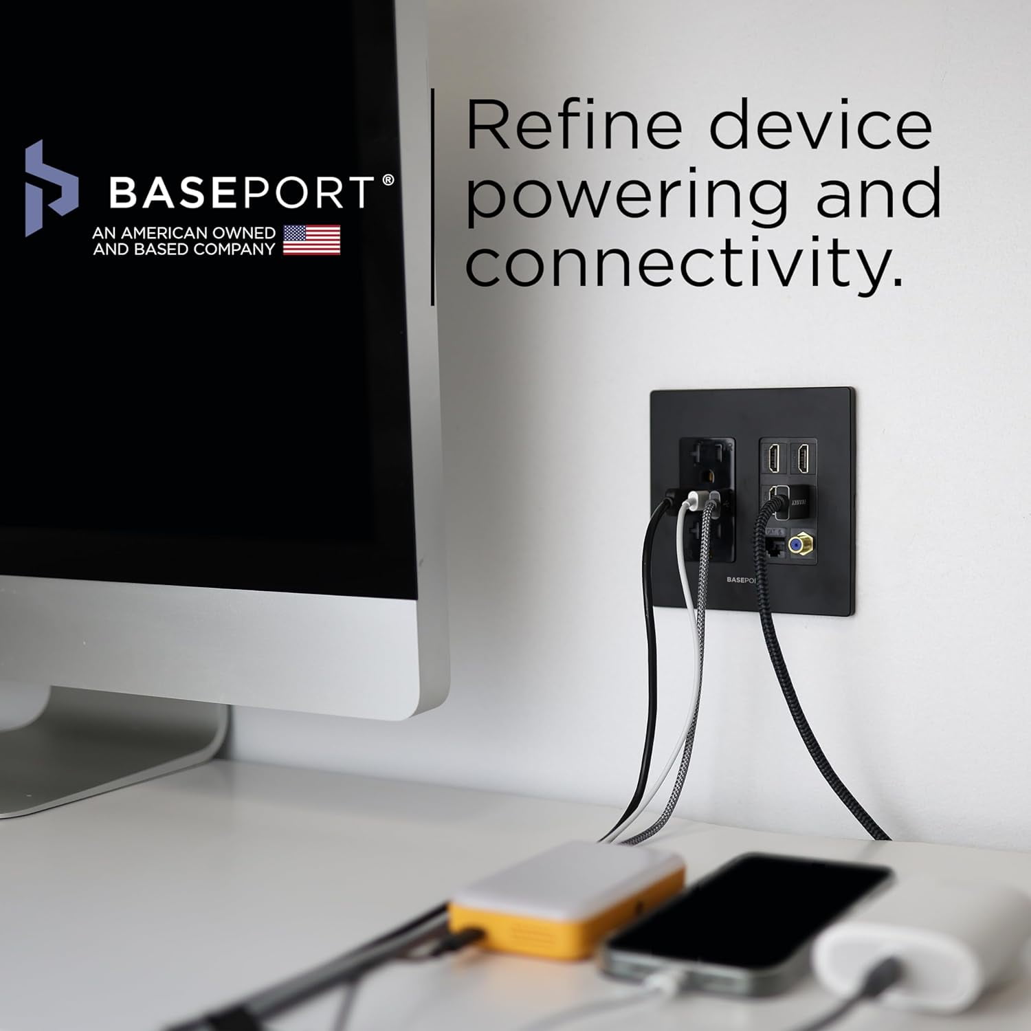 BASEPORT Media Wall Outlet with USB Ports, HDMI, Ethernet, Coax Cable Connector, Black Wall Plates