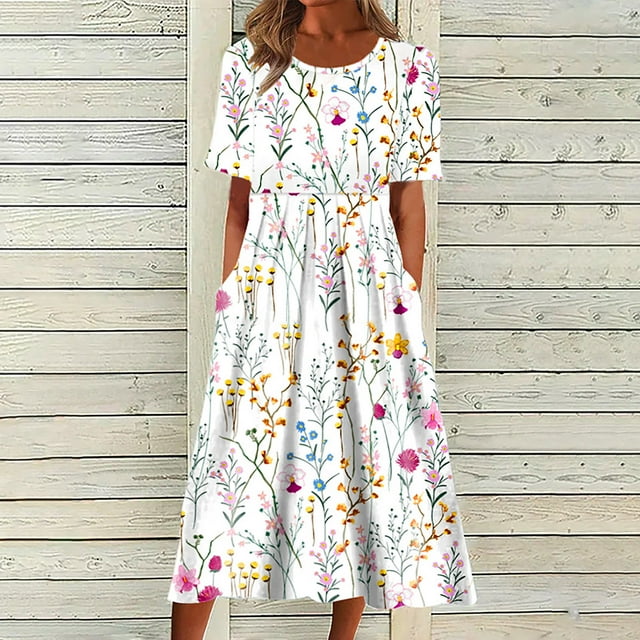 YUNAFFT Robes pour Femmes Liquidation Robes d'Été Décontractées Col Rond Manches Courtes Fermeture Éclair Pliable Imprimé Floral Vente