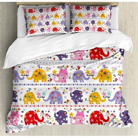 Nursery Queen Size Duvet Cover Set, Cute Elephants Happy Dancing Animals in Various Color Combinations Birds Flowers, Decorative 3 Piece Bedding Set with 2 Pillow Shams, Multicolor, by