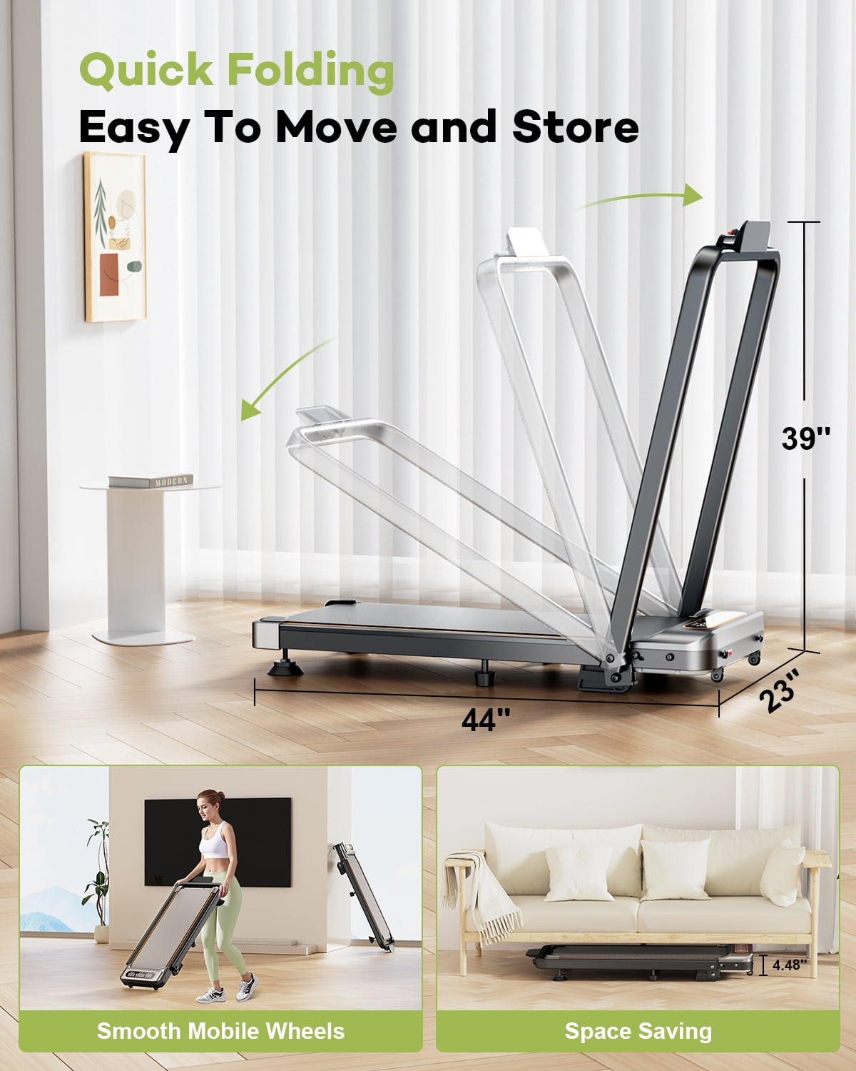 Foldable Treadmill with 10% Incline, 3.5HP Low Noise Walking Pad Treadmill with Handle Bar,4 in 1 Portable Under Desk Treadmills for Home/Office, 350 Lbs Capacity, APP & Remote Control