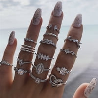 15Pcs/Set Boho Drop Crystal Leaves Hollow Heart Ring Set