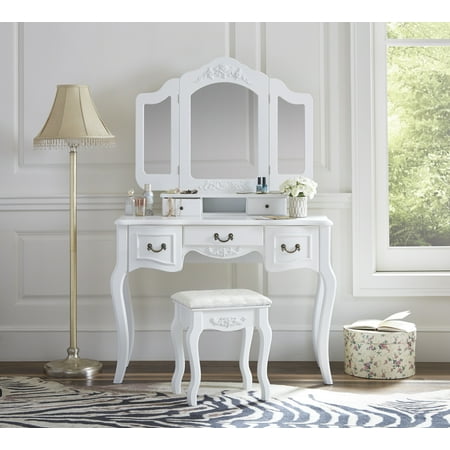 Wooden Vanity Set Fineboard Vanity Set Beauty Station Makeup Table and Wooden Stool Set with 3 Mirrors and 5 Organization Drawers Set, White ()