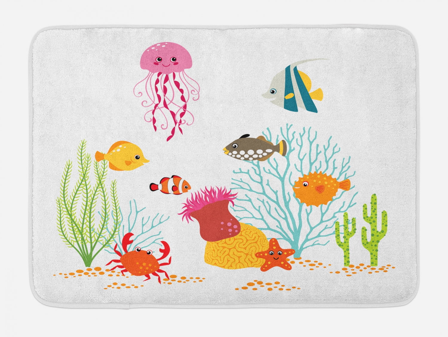 Ocean Bath Mat, Aquatic Cartoon Characters Fishes Jellyfish Coral Seaweed Cheerful Underwater Life, Non-Slip Plush Mat Bathroom Kitchen Laundry Room ...