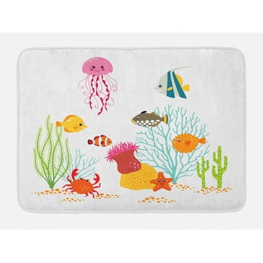 Ocean Bath Mat, Aquatic Cartoon Characters Fishes Jellyfish Coral Seaweed Cheerful Underwater Life, Non-Slip Plush Mat Bathroom Kitchen Laundry Room Decor, 29.5 X 17.5 Inches, Multicolor, Ambesonne