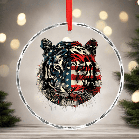 Tiger American Flag CIRCLE GLASS ORNAMENT Home Decor