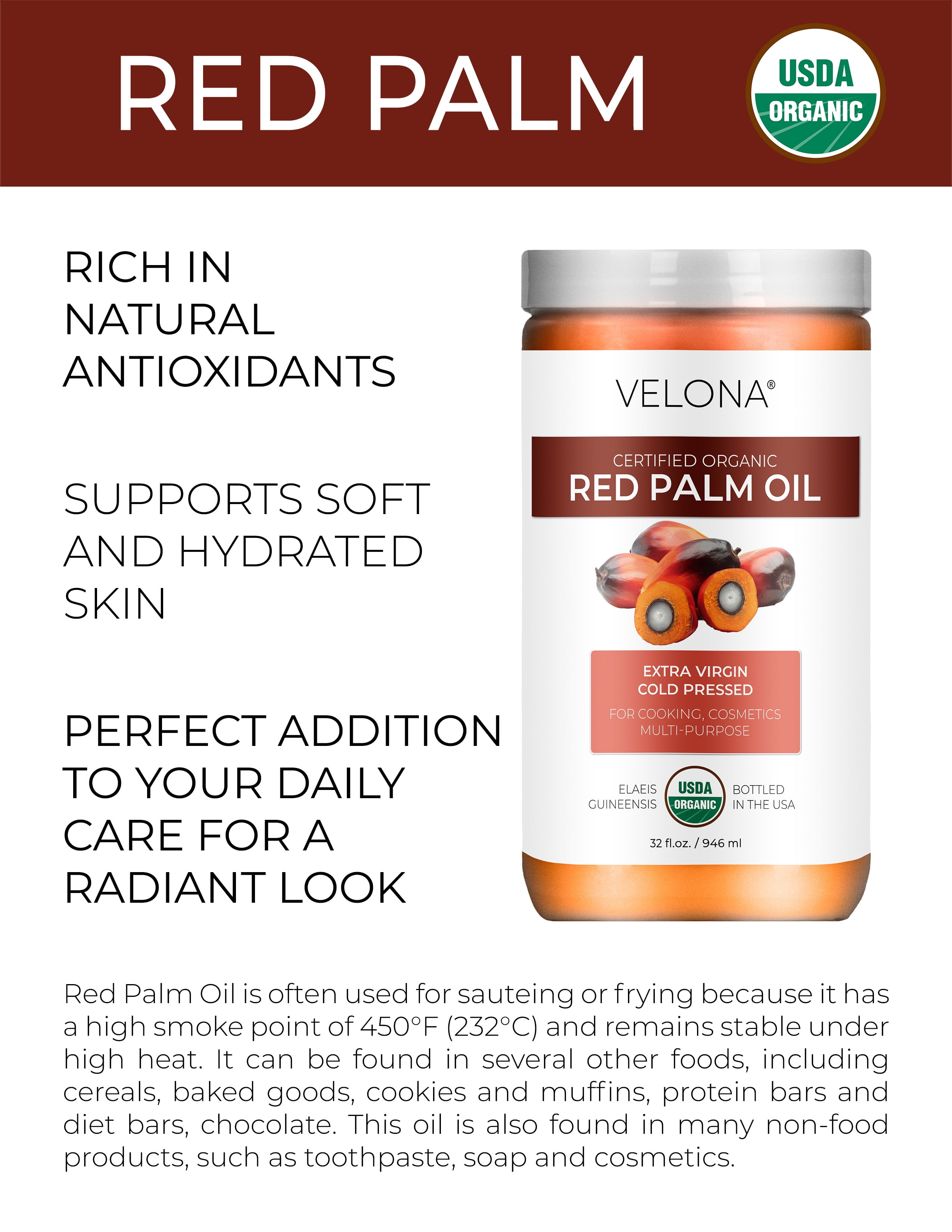 Velona USDA Certified Organic Red Palm Oil 64 Fl Oz | Food and Cosmetic Grade | in jar | Extra Virgin, Cold Pressed | Skin, Face, Body, Hair Care | Use Today - Enjoy Results