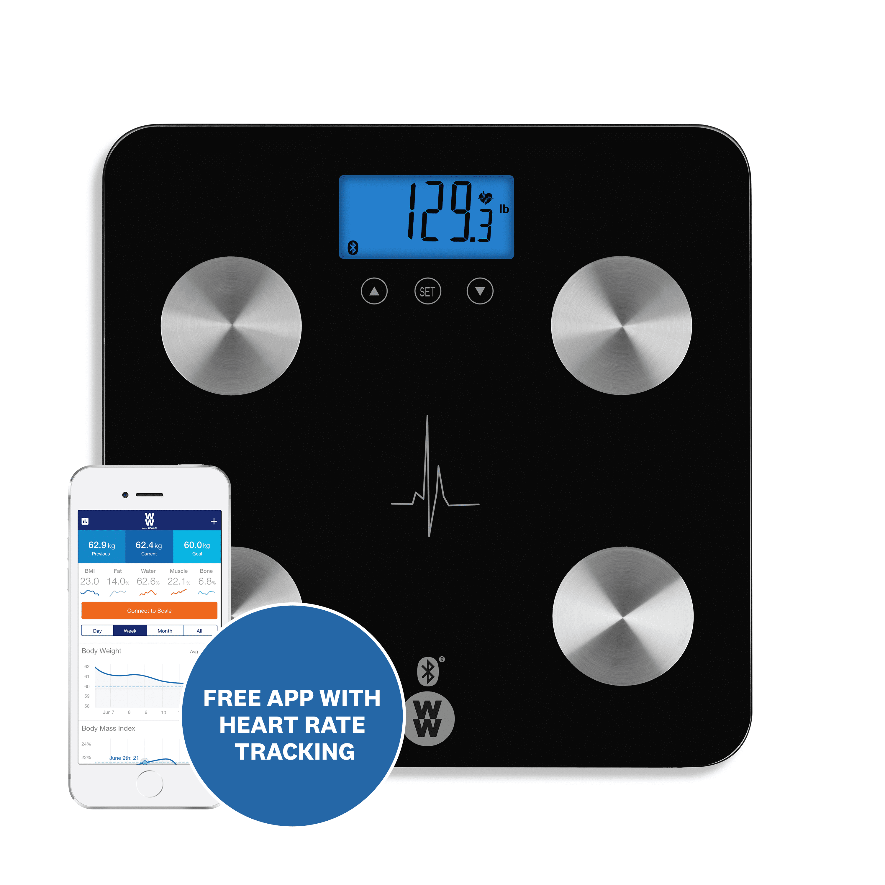 Weight Watchers by Conair Bio-Impedance Analysis Heart Rate Blue Backlit LCD Display Body Weight Scale Type w/Bluetooth 400lb capacity WW934ZF