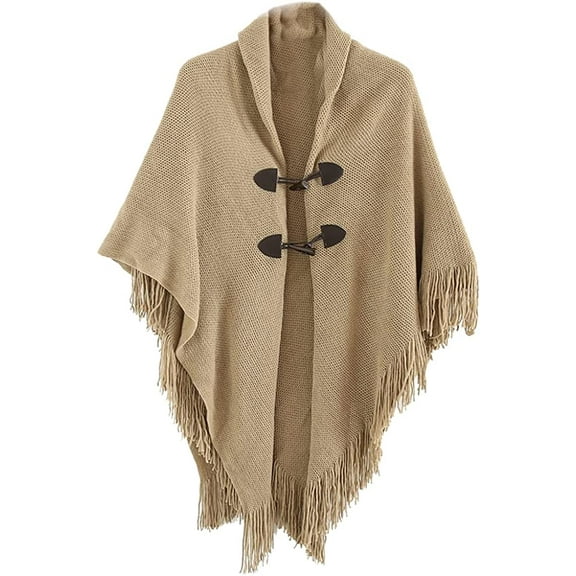 PIKADINGNIS Women Shawl Wraps Button Sweater Cardigan Cape Winter Tassel Soild Poncho with Hat