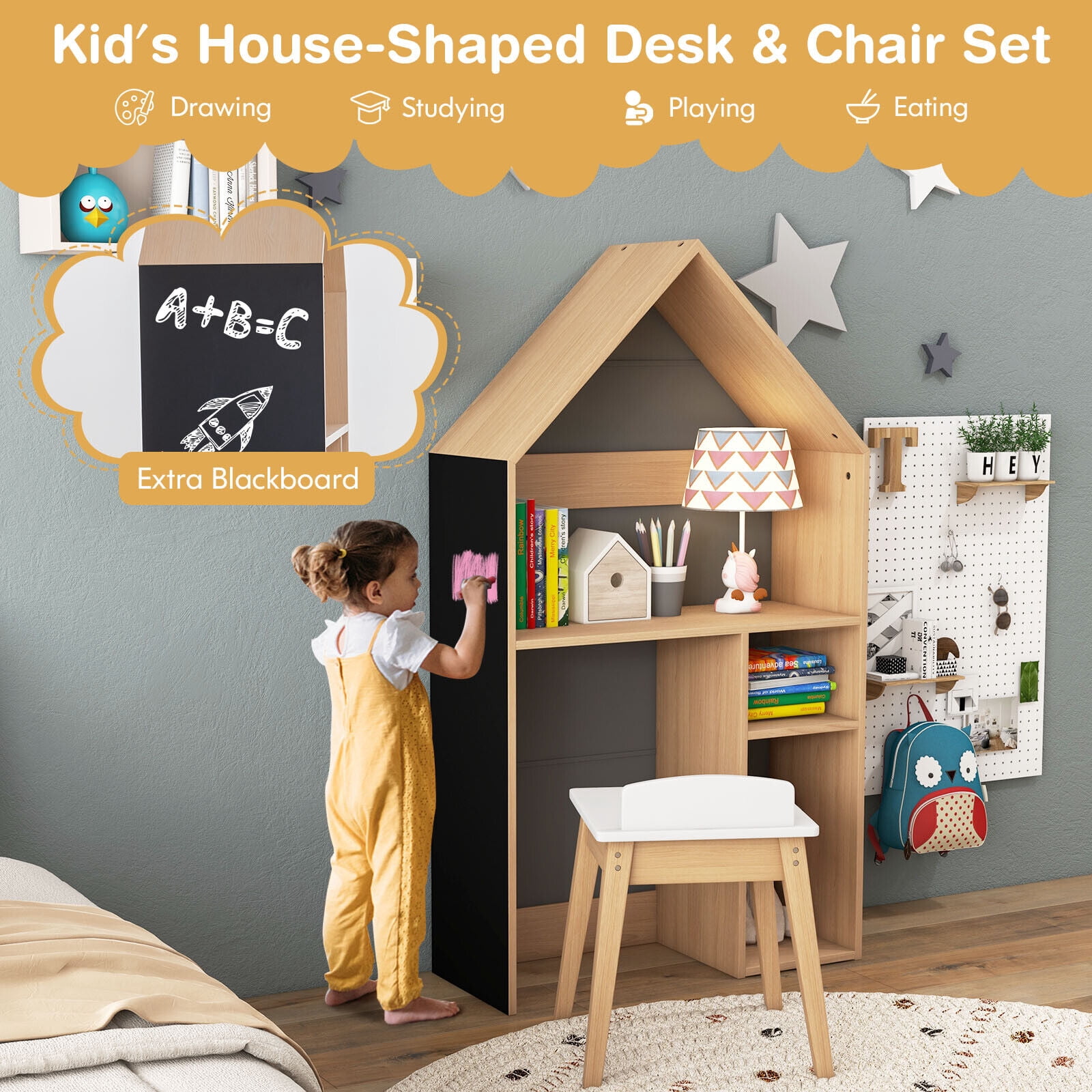 Amijoy Kids House-Shaped Table and Chair Set, 2-in-1 Kid’s Toy Organizer Cabinet with Ample Storage & Extra Blackboard