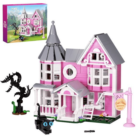 Pink Palace Building Block Set Dollhouse Model Halloween Hut Toys Christmas House Gifts for Adults and Kids(566 Pcs ABS)