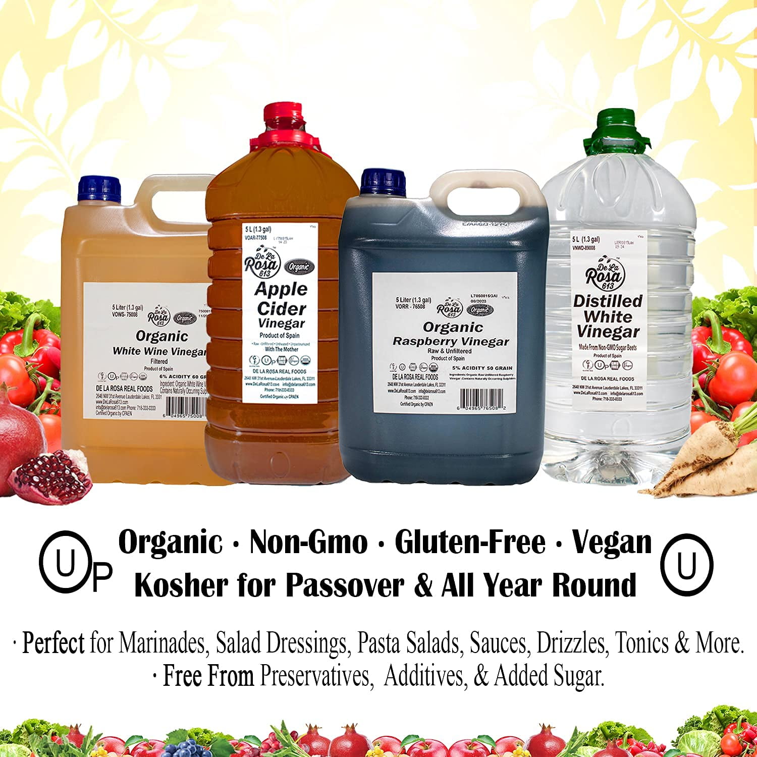 De La Rosa 613 Organic Raspberry Vinegar, Kosher for Passover, 5 Liters