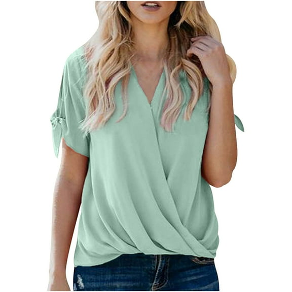 WXLWZYWL Womens Summer Tops 2023 Clearance Solid V-Neck Sling Tops Casual Short Sleeve Blouse T-Shirts Green