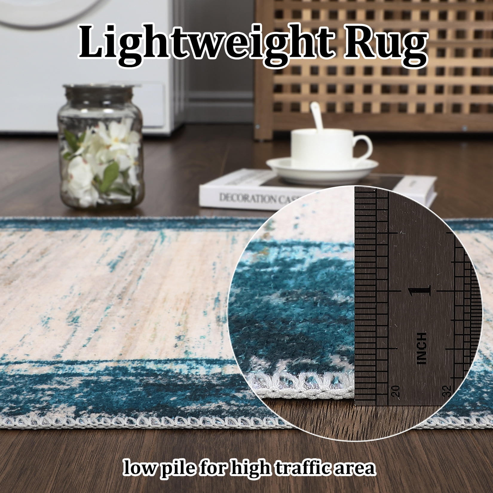 HOMERRY Washable Rugs 8'x 10' Rug for Living Room Bedroom Rug Modern Bordered Thin Indoor Carpet, Teal