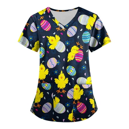 

QAZXD Womens V Neck Medical Nursing Uniform Cute Floral Print Short Sleeve Scrub Tops with Pockets