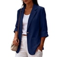 thumbnail image 4 of Puyaiuu Women Linen Blend One Button Roll Up Sleeve Blazer With Pockets Casual Office Lightweight Suit Jacket Navy L Gift, 4 of 7