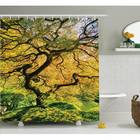 Japanese Shower Curtain, Shadows of Large Maple along with River with Sun Rays Fall Season Nature Theme, Fabric Bathroom Set with Hooks, Green Yellow, by