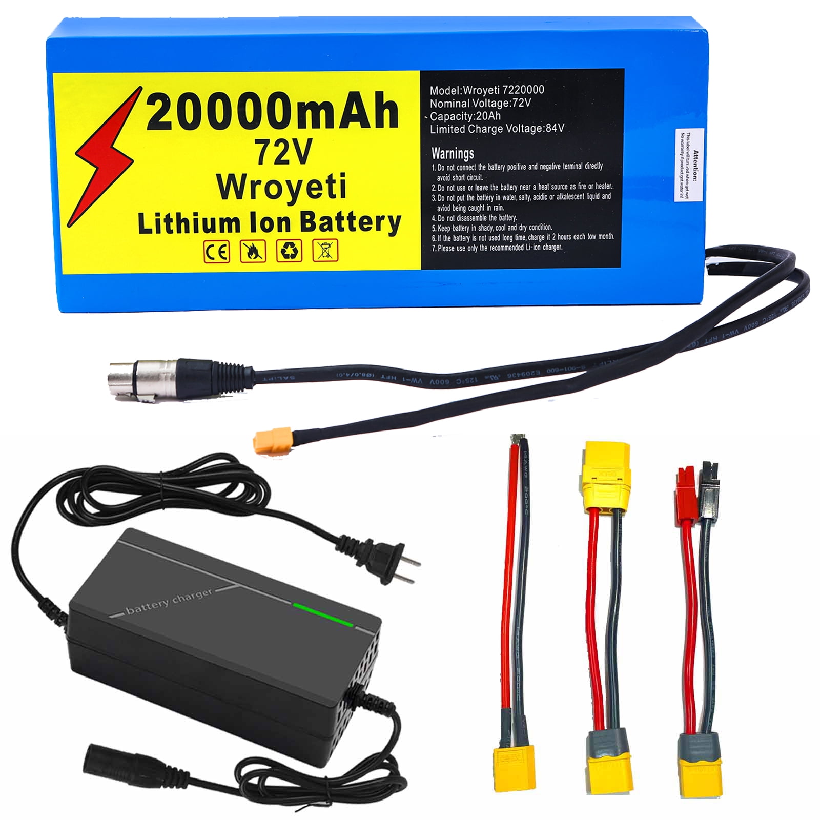 72V 20Ah Ebike Battery 72V Battery 72V Lithium Ion Battery 72V Electric Bike Battery with 3A Charger, XT60 Extension Cord, XT90 Connector for 200-3000W Electric Bicycles Motor