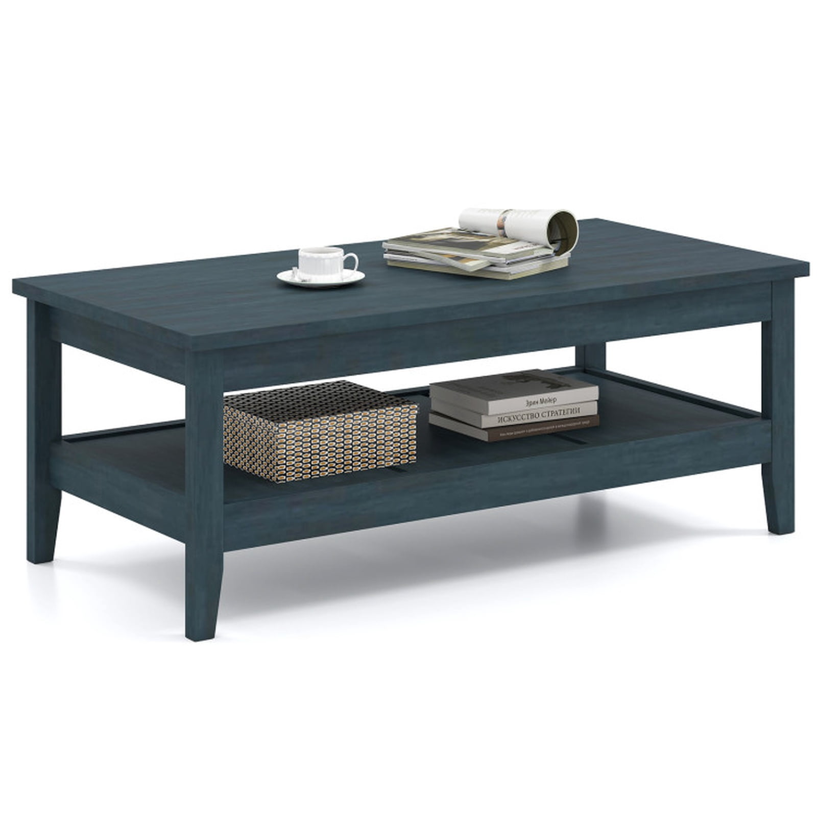 Furnibear 2-Tier Mid Century Modern Coffee Table with Storage Shelves Compartments - Blue - Living Room Cocktail Center Table