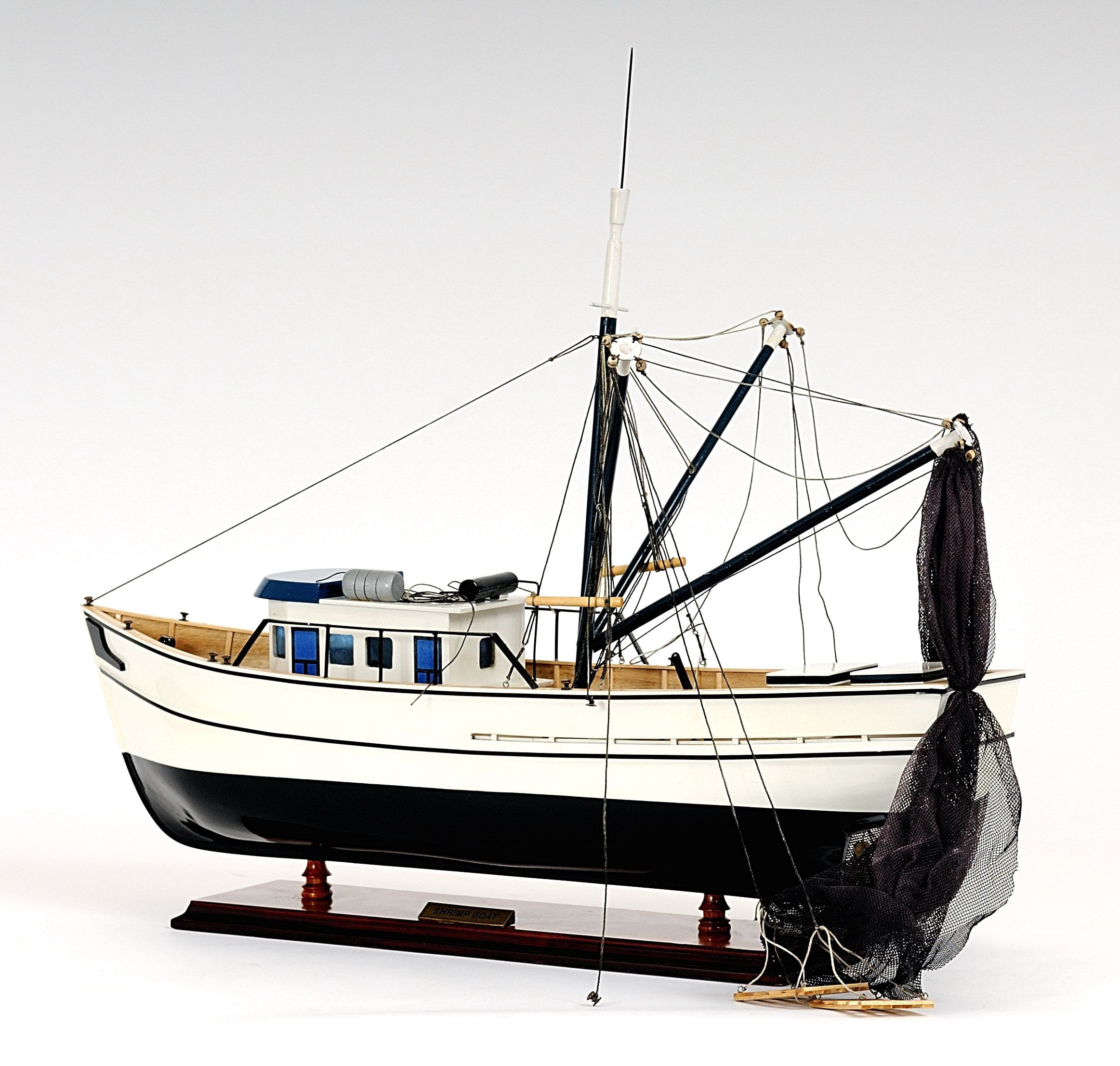 maritime Ship Large Blue Trawler Wooden Model Fishing Boat With Nets On Stand 
