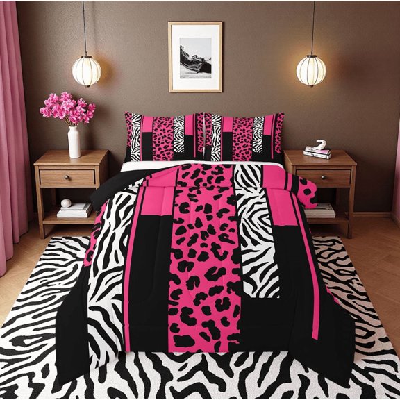 Erosebridal Leopard Print Bedding Full Comforter Set, Black Pink Down Comforter, Geometry Stripe Decor, Women