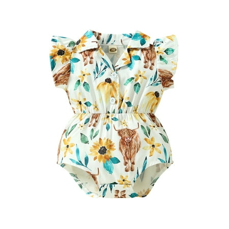 

Baby Girls Romper Fly Sleeve Turn-down Collar Button Closure Print Bodysuit for Casual Daily
