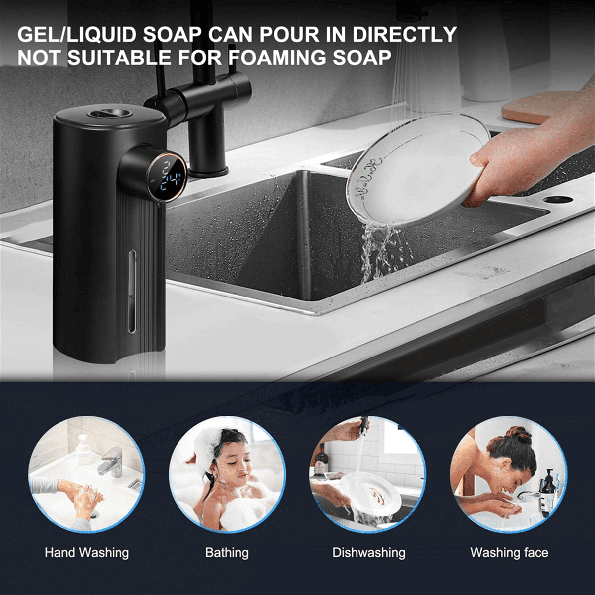Touchless Automatic Foaming Soap Dispenser 11.83Oz, 5 Adjustable Levels, Suitable For Kitchen & Bathroom Liquid Black