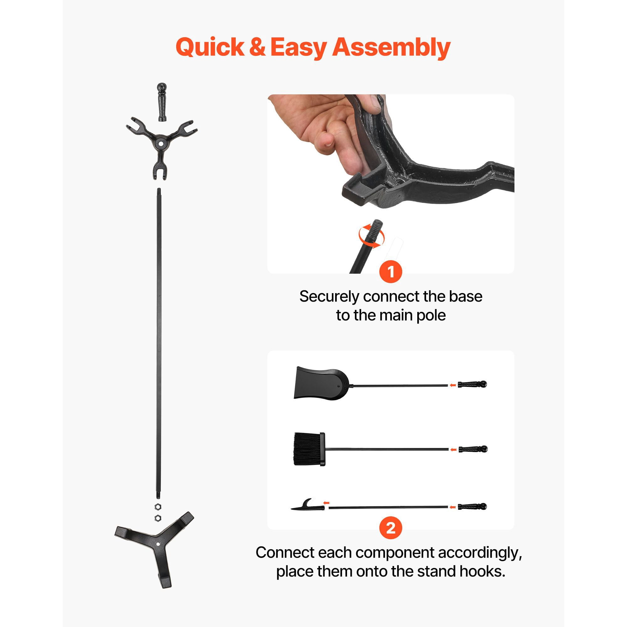 4-in-1 Fireplace Tool Set with Poker, Ash Shovel, Brush, Stand, Wrought Iron & Carbon Steel, for Indoor Wood Stove Fire Pit