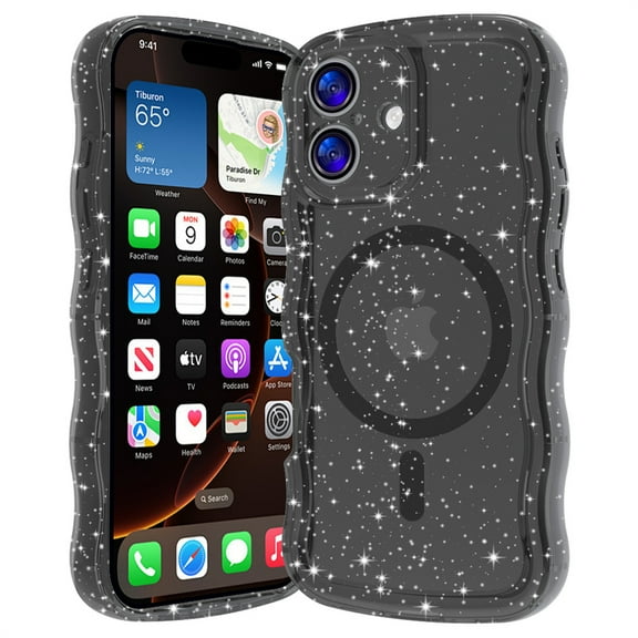 Allytechgroup Glitter Case for iPhone 17, [Compatible with Magsafe] Screen & Camera Defense Curly Wave Frame Non-Slip Shockproof Protective Magnetic Back Cover Bumper for Women Girls, Black
