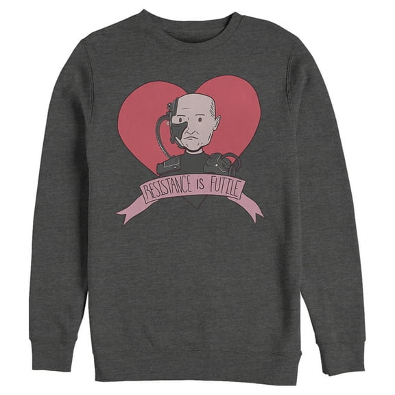 Men's Star Trek: The Next Generation Valentine's Cartoon Borg Picard Heart Resistance Is Futile Sweatshirt Charcoal Heather Medium