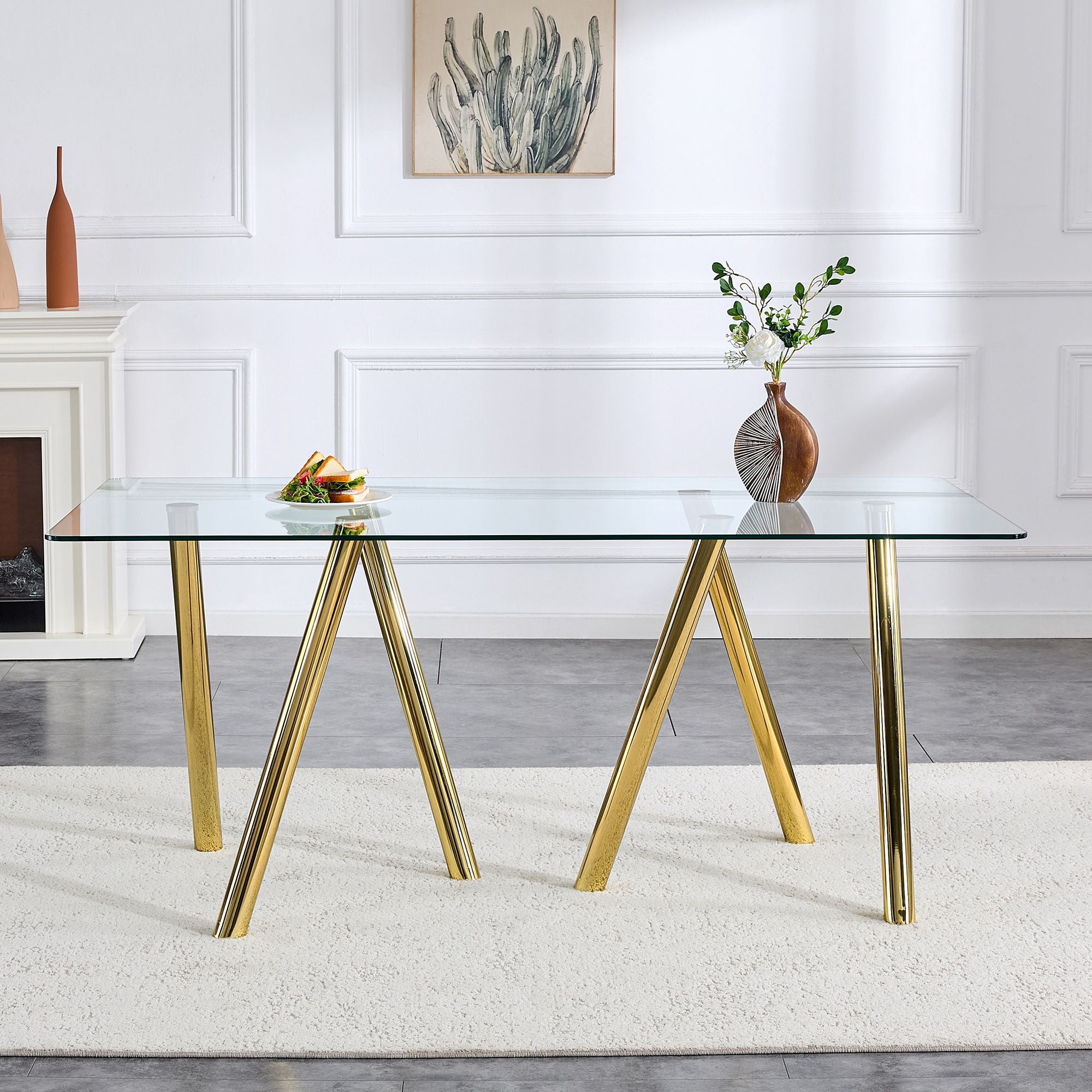 Alvantor 71" Tempered Glass Dining Table with Gold Metal Legs