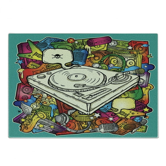 Urban Graffiti Cutting Board, Hand Drawn Music Instruments Colorful Microphone Saxophone Guitar Headphone, Decorative Tempered Glass Cutting and Serving Board, in 3 Sizes, by Ambesonne